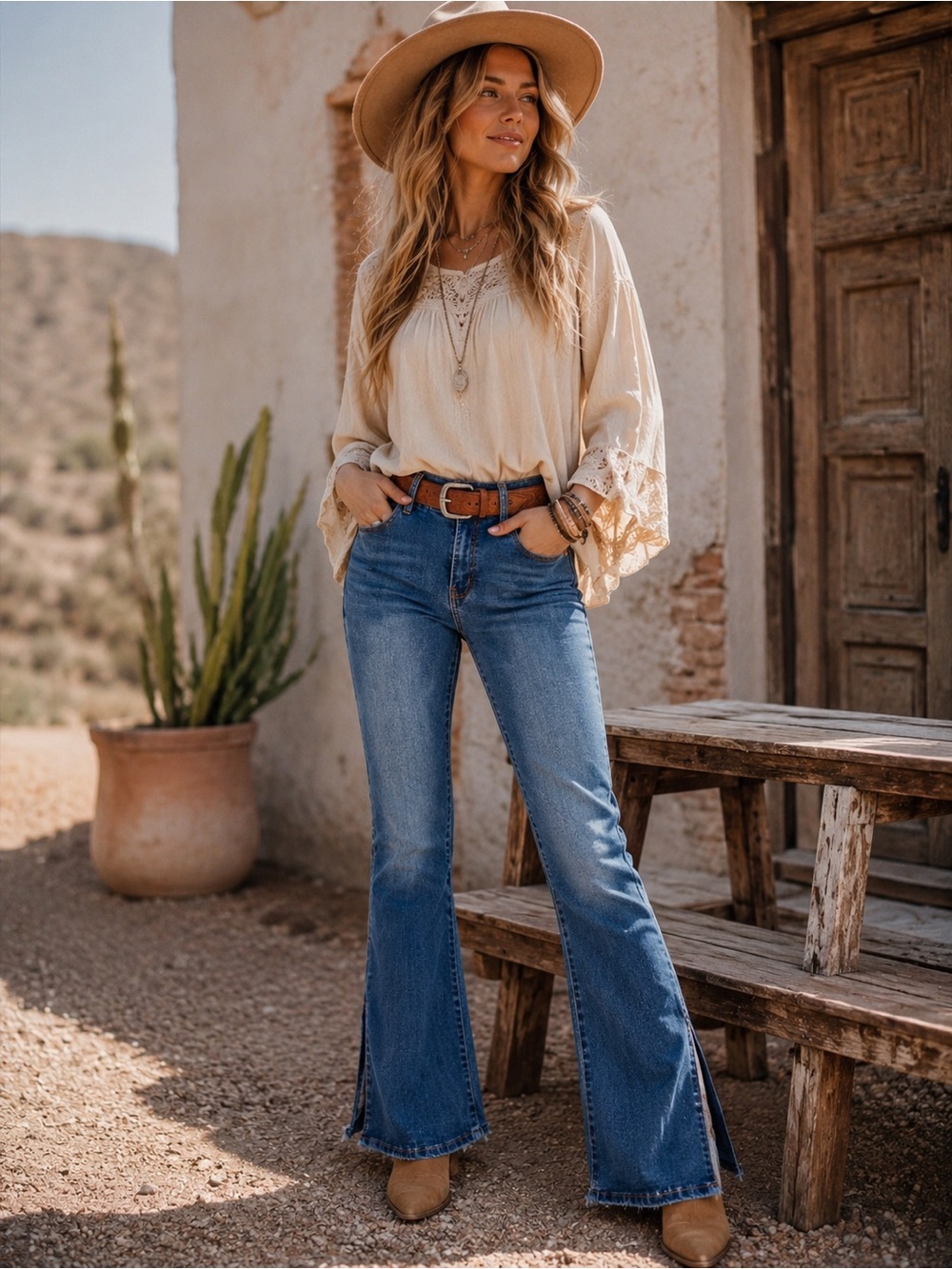 Bamboo Medium Wash Flare Jeans Side Slit Hem Stretch Denim Size 13